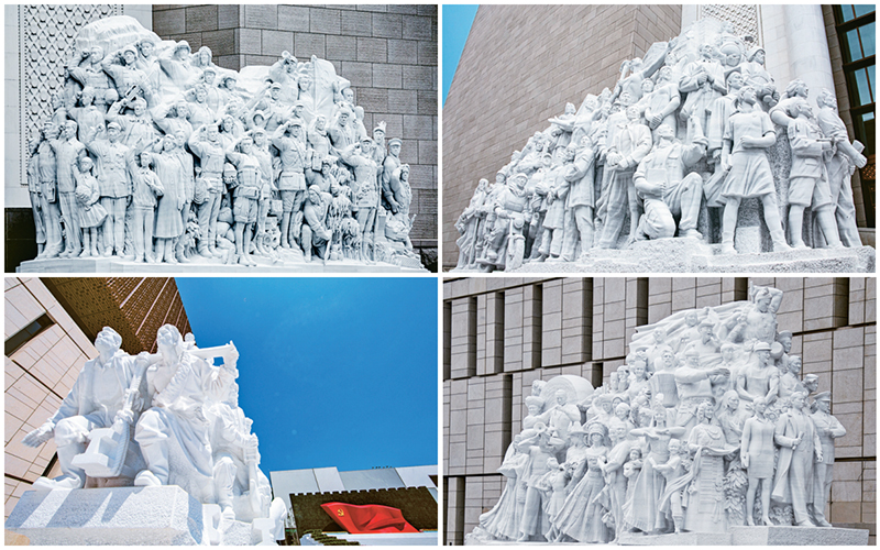 　　中国共产党历史展览馆西侧广场上矗立的《信仰》、《伟业》、《攻坚》、《追梦》四组大型雕塑，庄重巍然、充满力量，讲述着中国共产党团结带领全国各族人民艰苦奋斗、不懈奋斗的历程。图为四组大型雕塑拼版照片。